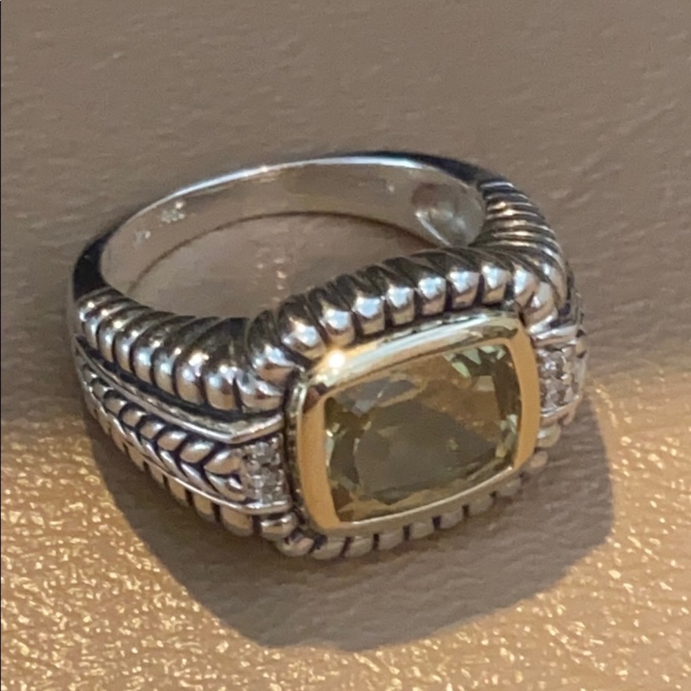 SS/14K/Diamonds/Green Amethyst (Prasiolite) Ring